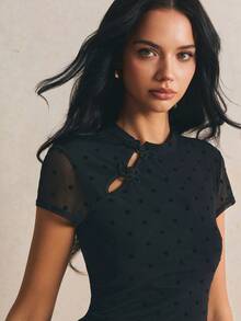 Poéselle Women's Elegant Black Polka Dot Summer T-Shirt,Mesh Patchwork Short Sleeve Keyhole Slim Fit Top,New Chinese Style Ruffled Trim Dinner Date Night Party - Black - View 4
