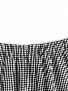 EMERY ROSE 2pcs Plus Size Casual Plaid Batwing Sleeve Shirt And Pants Set With Lace Trim, Suitable For Daily Wear, Retro Plaid 2-Piece Set, Summer Women Outfit, Beach Attire - Black and White - View 5