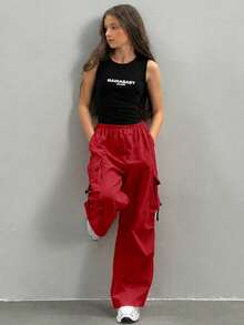 Tween Girls' Fashionable Utility Cargo Pants Pants Loose For Girls Red Cargo Pants Kids Clothes Girls Y2k - Red - View 4