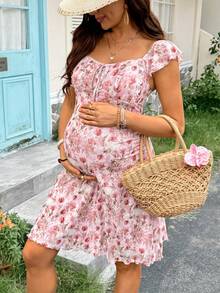 SHEIN 孕婦夏季海灘度假風全身花卉印花甜心領結腰洋裝 - 彩色 - 查看 9