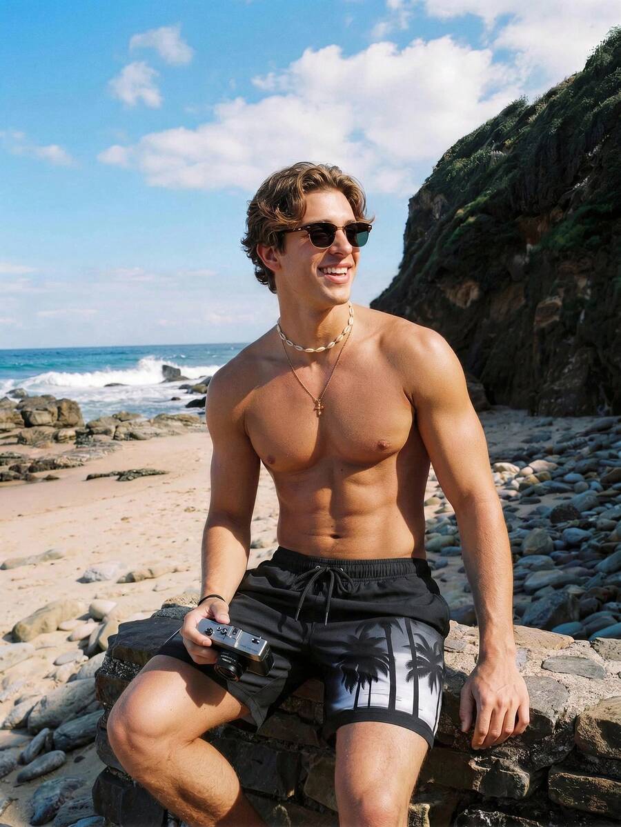 Manfinity Chillmode 男士棕榈树印花抽绳腰带口袋沙滩短裤,适合夏季穿着,黑色男士泳裤,棕榈树图案,假日休闲 - 黑色 - 查看 1