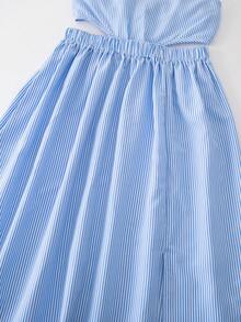 Sparklyn Tween Girl Striped Print Hollow Out Halter Neck Dress - Blue - View 6