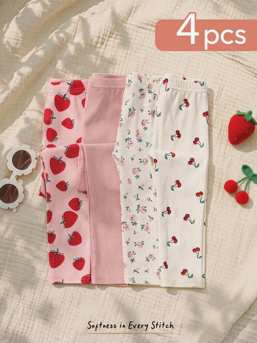 Cozy Pixies 四件套女童休闲舒适针织弹力腰纯色打底裤,饰有可爱复古樱桃、草莓、花卉多巴胺印花图案,适合春夏室内外穿着,是可爱的夏季儿童服装,也是外出、Y2K、卡哇伊、派对、日常、度假、可爱、舒适、2026夏季、乡村风、周末休闲、拍照服装的必备单品。 - 粉色 - 查看 1