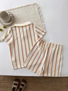 Cozy Pixies 2pcs/Set Boys' Cute Casual Striped Textured Polo Shirt & Solid Color Elastic Waist Shorts Set - Apricot - View 2