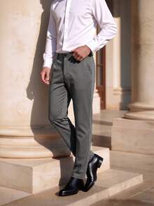 Officeau Men's Suit Pants, Fashionable Casual Straight Leg Trousers, Loose Minimalist Style, Solid Color Wrinkle-Resistant Straight Leg Pants - Grey - View 7