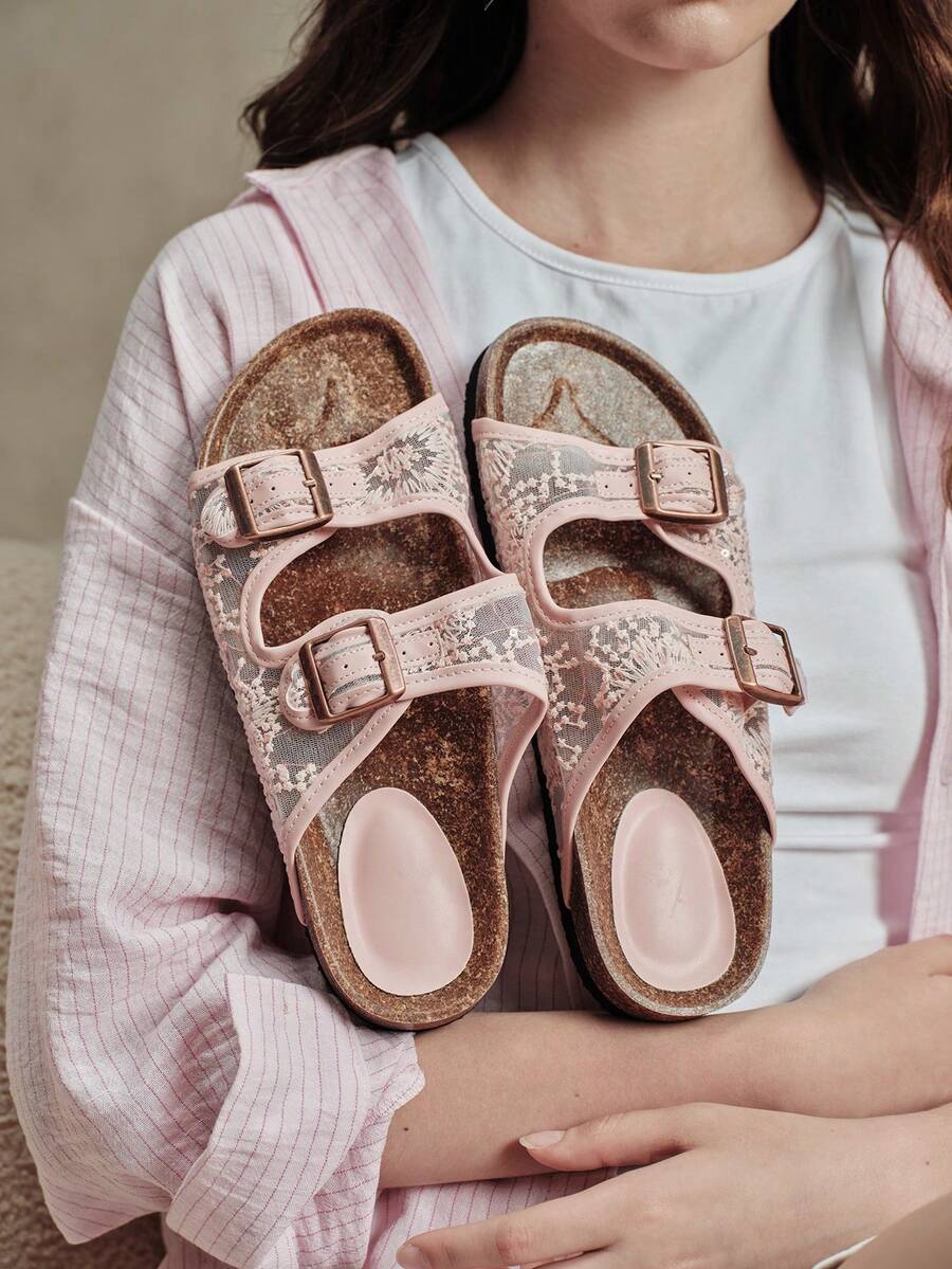 Solecia Ladies Spring And Summer Woven Sandals Double Buckle Adjustable Open-Toe Flat Bottom Light And Comfortable Versatile Casual Wear Beach Vacation Shoes - Mesh powder - View 1
