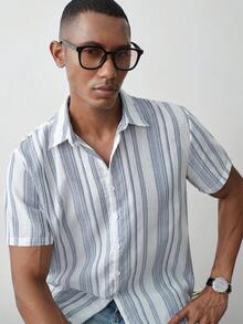 MENRIVO Striped Print Front Button Casual Short Sleeve Shirt, Versatile For Summer, Holiday - Multicolor - View 1