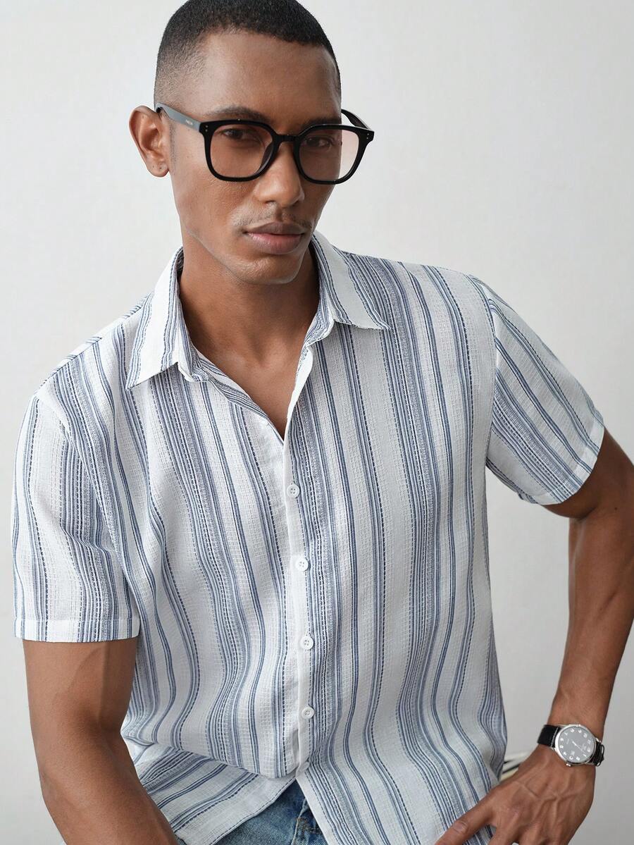 MENRIVO Striped Print Front Button Casual Short Sleeve Shirt, Versatile For Summer, Holiday - Multicolor - View 1