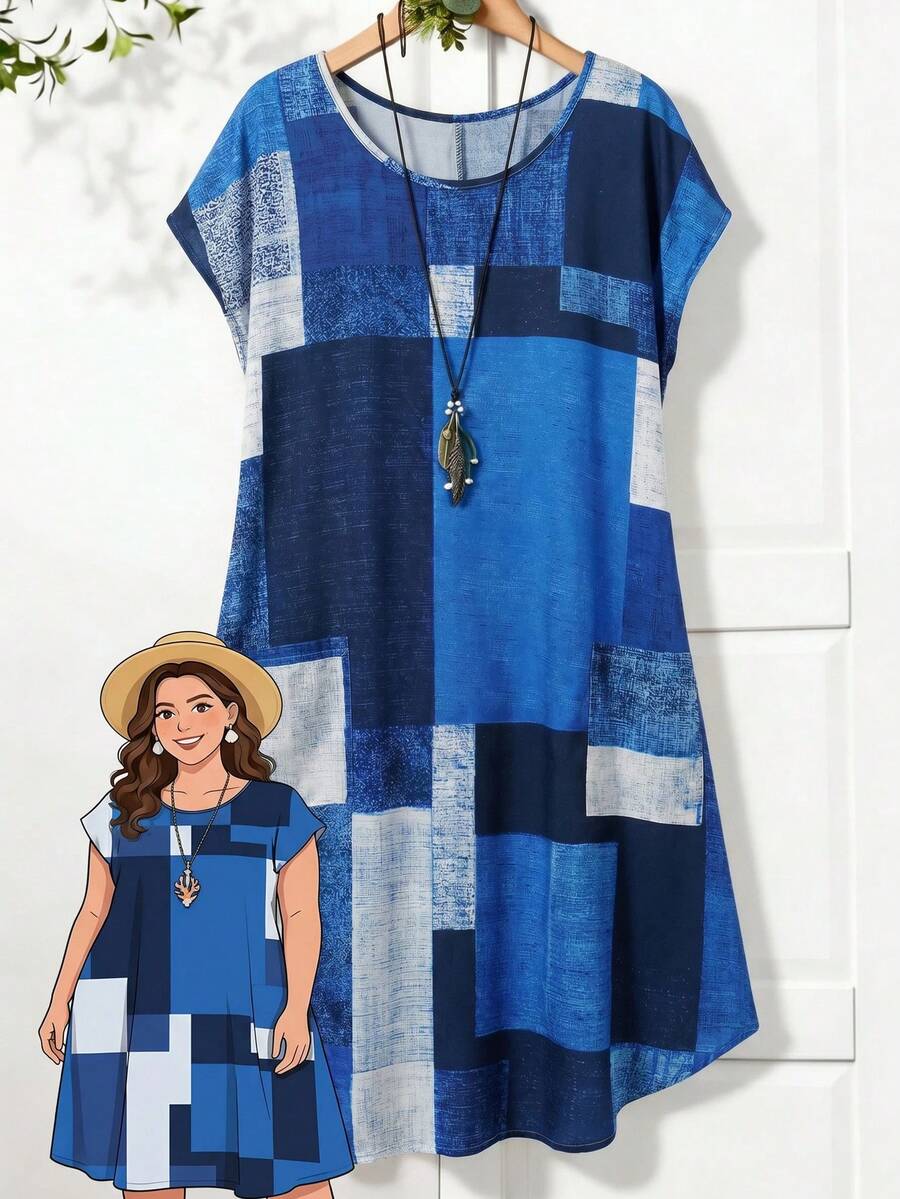 Rusticease Plus Size Women's Patchwork Colorblock Round Neck Fashionable Vacation Dress Summer Spring Clothing Country Style For Women - Blue - View 1