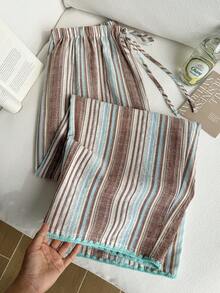 Comfortcana Pantalones casuales cómodos de talla grande con cintura de cordón, textura de rayas de algodón y lino - Azul - Ver 8