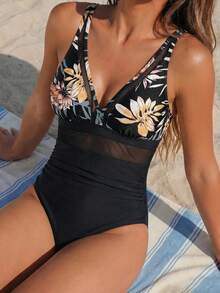Vaclyn Summer Beach Women's Bohemian Style One-Piece Swimsuit With Plant Printed And Mesh Splicing Design Vacation Black - Black - View 1