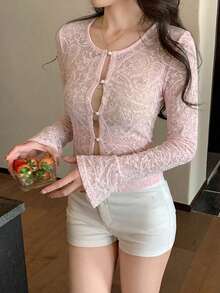 DAZY 女款素色短版修身紋理布料喇叭袖長袖休閒度假春夏季T恤 - 粉色 - 查看 4
