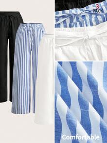 SHEIN Tall CURVE Conjunto de 3 piezas de pantalones casuales de vacaciones con cordón, textura y rayas de unicolor para mujer talla grande - Multicolor - Ver 15