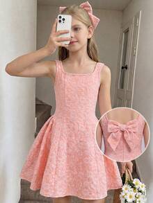 SHEIN Pitira Tween Girls' Elegant Pink Jacquard Square Neck A-Line Sleeveless Dress With Bow Decor, Summer - Pink - View 3