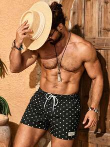 Manfinity Swimmode 夏季男士波點印花黑色沙灘短褲，熱帶度假風抽繩腰泳褲，斜口袋情侶約會款 - 黑色 - 查看 8