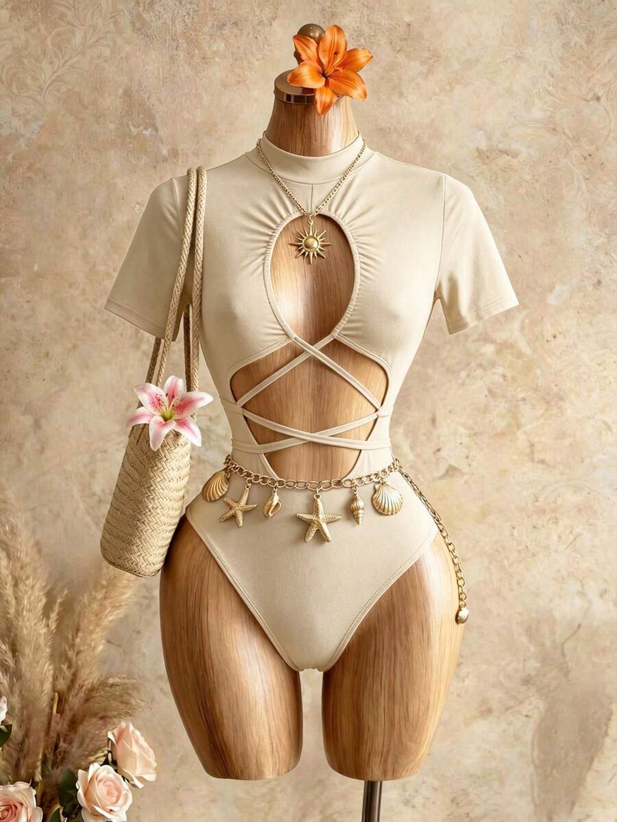 Mistrie 深色性感連身衣,半高領短袖鏤空交叉綁帶設計,辣妹修身貼身連身衣上衣,派對約會露腰露背時尚單品 - 杏色 - 查看 1