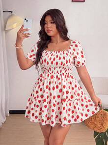 Lyrianda Plus Size Women's Strawberry Print Vacation A-Line Square Neck Dress - Multicolor - View 3