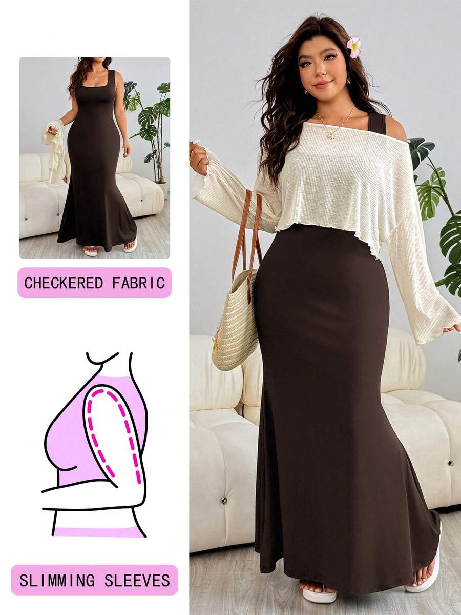 Solflare Plus Size Women's Summer Solid Color Fishtail Hem Square Neck Dress With Asymmetric Shoulder Cover-Up Top 2pcs Set Fall - Chocolate Brown - View 1
