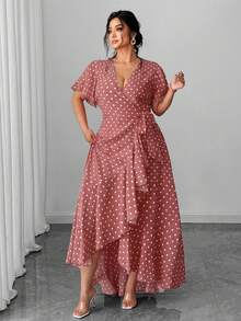 SHEIN Unity Vestido envolvente de lunares talla grande con cintura anudada, volantes en el bajo y abertura lateral - Rosa vieja - Ver 5