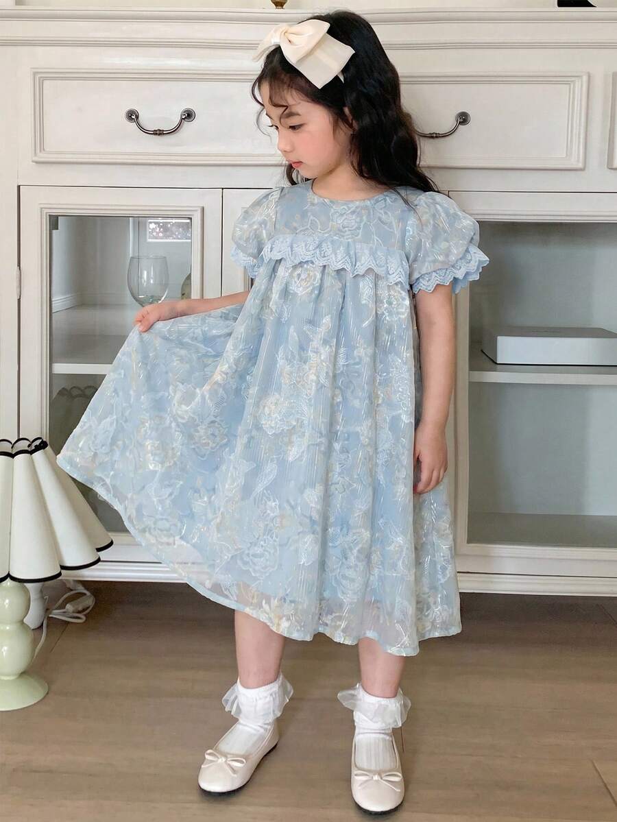 Dazy Kids 女童刺绣梭织短袖连衣裙,春夏款 - 藍色 - 查看 1