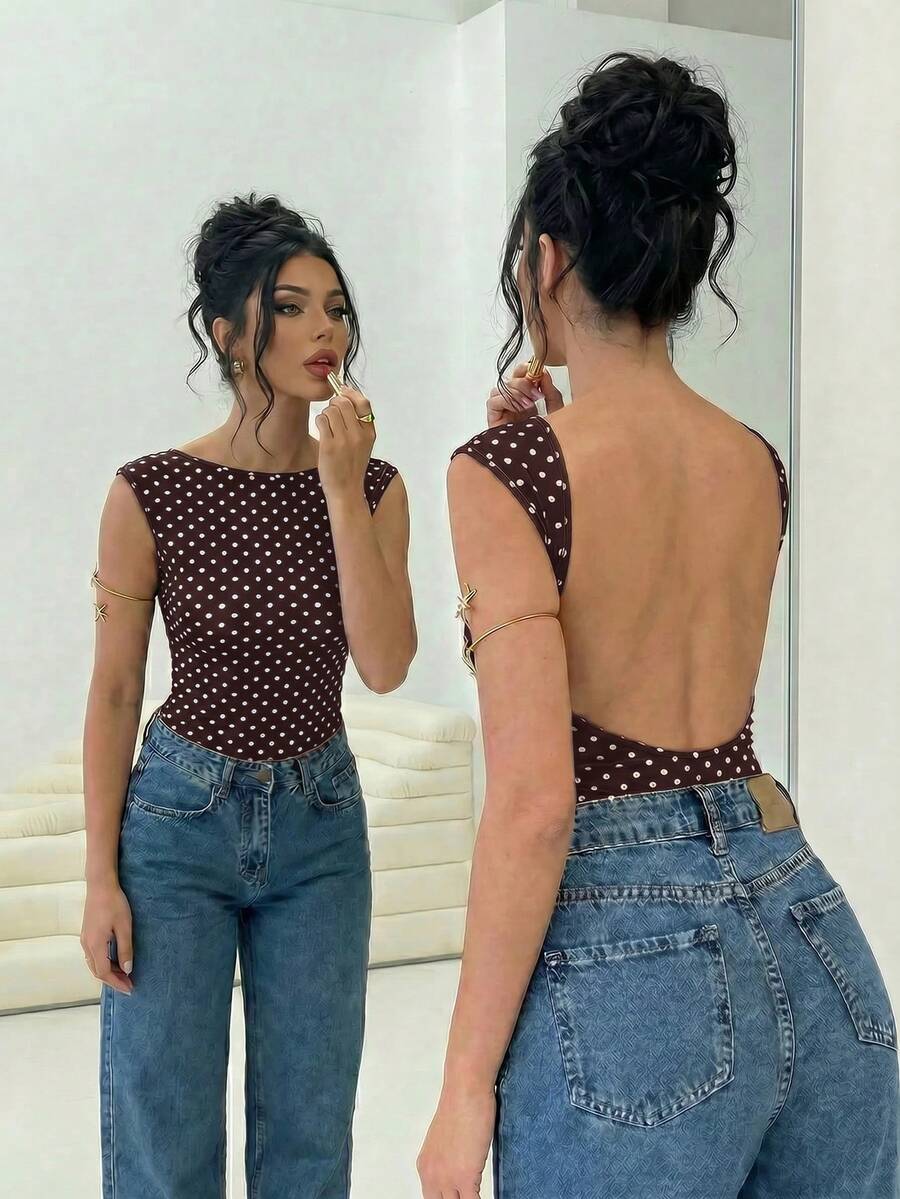 Firerie Bodysuit nữ họa tiết chấm bi hở lưng gợi cảm đa năng mặc hàng ngày đi chơi - màu nâu - Xem 1