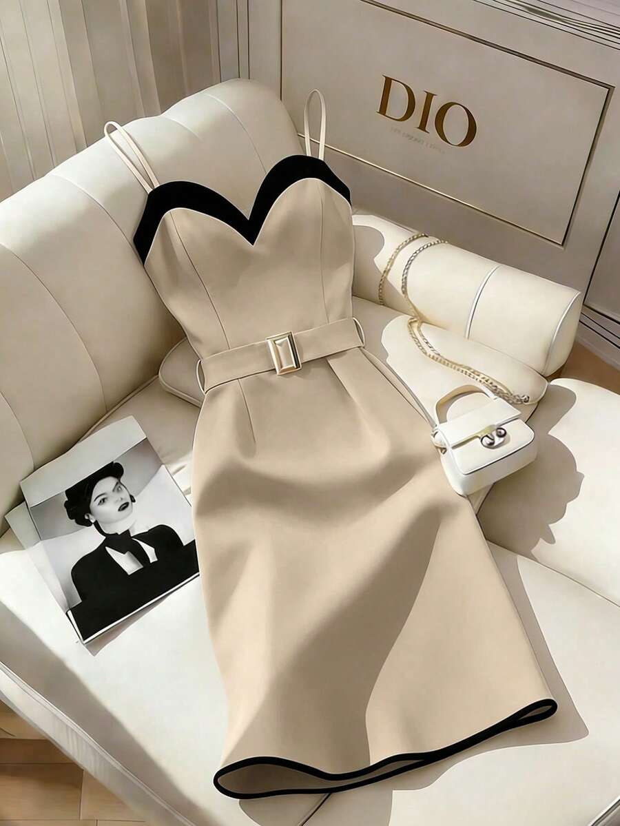 GlowEve Gaun Pesta Kasual Wanita Motif Blok Warna, Panjang Sedang, dengan Tali Bahu Tipis - Khaki - View 1