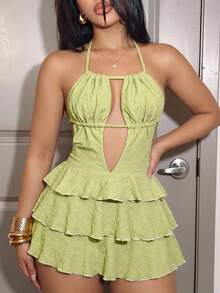 Slaydiva Women's Lime Green Textured Halter Romper, Cut Out Front Ruffle Tiered Short Jumpsuit, Club Party Night Out Outfit-A - Green - View 6