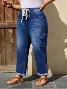 EMERY ROSE Plus Size Casual Cargo Denim Jeans Vacation Dusty Blue Summer - Dark Wash - View 4