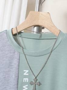 SHEIN 2 pièces/Set T-shirt et pantalon décontractés minimalistes bleu, gris et blanc pour garçons, motif patchwork, convient pour le port quotidien et les sorties au printemps/été - Vert - Voir 7