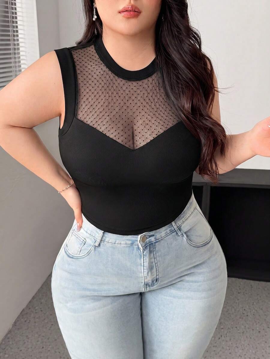 Vibekara Plus Size Mesh Patchwork Sexy Sheer T-Shirt, Spring/Summer - Black - View 1