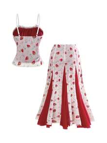 Sweetness Women's Romantic Cute Sweetheart Strawberry Print Contrast Color Lace Bow Decor Camisole And Long Skirt 2-Piece Set Vacation Red And White Summer - Multicolor - View 2