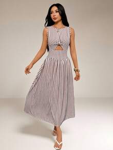 SHEIN PETITE Đầm nữ mùa hè kiểu dáng thường ngày, họa tiết kẻ sọc, eo khoét, dáng lửng, màu mơ nhạt, kiểu Pháp, thắt nút xoắn, không tay, thiết kế xoắn eo cao giúp thon gọn, bán chạy cho kỳ nghỉ/dã ngoại mùa hè, đầm kẻ sọc, đầm dài thường ngày, đầm thường ngày cho nữ, đầm đi nghỉ mát, đầm dài thanh lịch, trang phục sinh nhật cho nữ, trang phục đi chơi, đầm dự đám cưới cho nữ, đầm đi biển, đầm dự tiệc cho nữ, đầm lễ hội, đầm mùa hè. - Màu Khaki - Xem 2