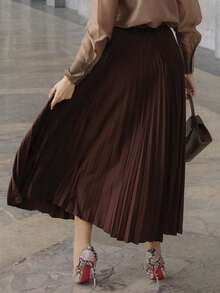Elenary Edit Rok Lipit Model A-Line Gaya Urban, Rok Maxi Minimalis untuk Pakaian Kasual Sehari-hari - Coffee Brown - View 2