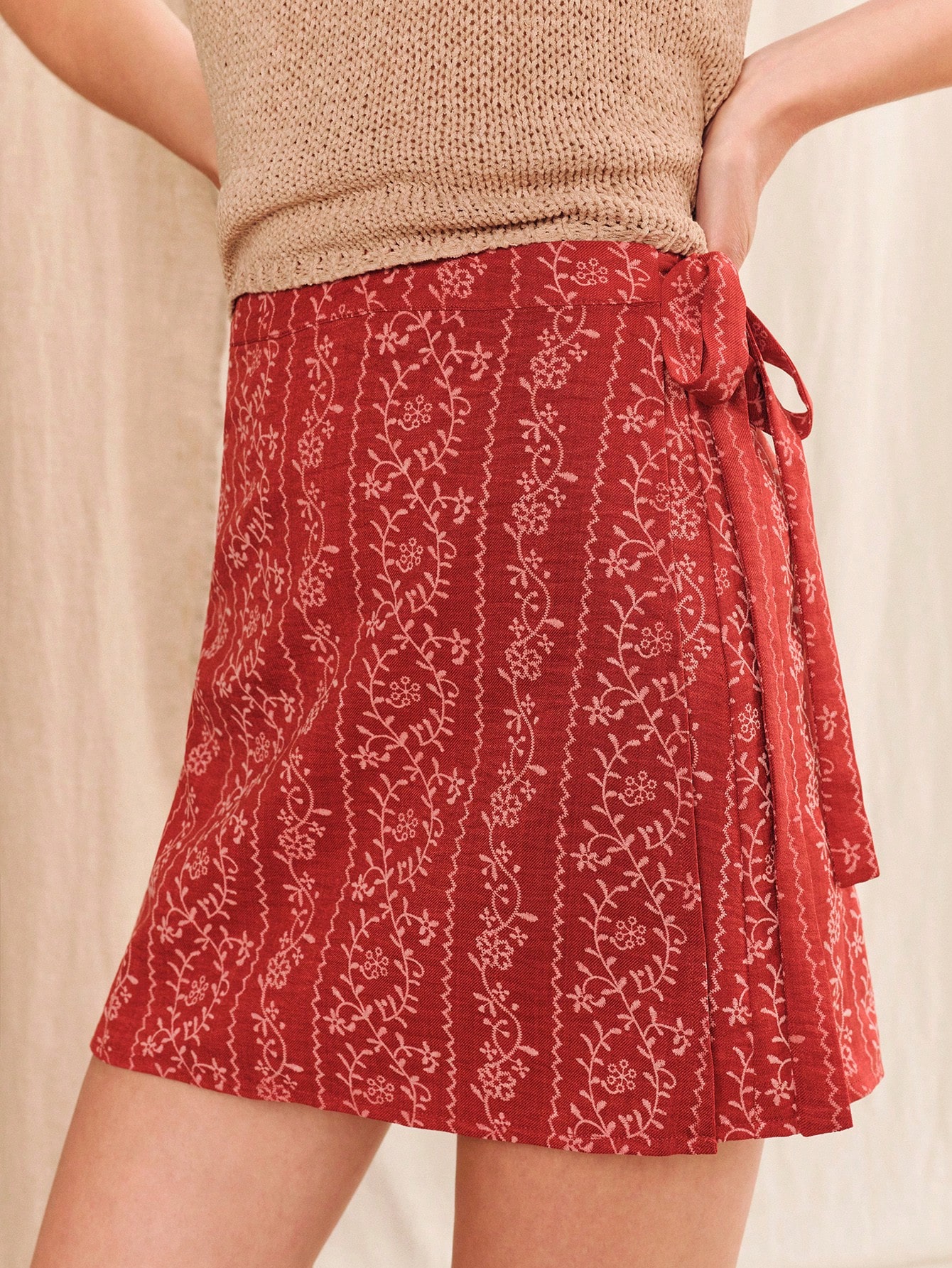Red Boho Paisley Print High Waisted A Line Mini Wrap Skirt Summer Holiday Business Casual Skirt