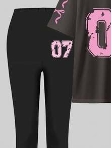 Bộ đồ nữ áo thun tay ngắn và quần legging in họa tiết khẩu hiệu vui nhộn màu vàng đen tương phản sáng tạo thời trang thường ngày, đa năng cho mùa thu - Nhiều màu - Xem 7