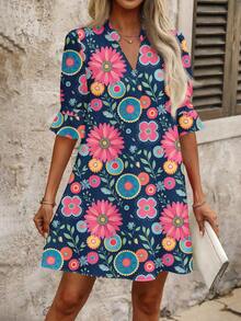 EMERY ROSE Plus Size Women Floral Print V-Neck Vacation Dress, Suitable For Summer - Multicolor - View 5