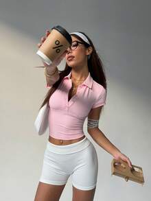 SHEIN Sports Women's Solid Color Sport Polo Shirt, Simple And Fashionable Casual For Daily Wear Sports - Pink - View 4