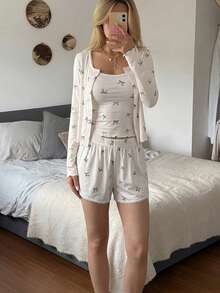 DAZY 女士3件套蝴蝶结印花吊带背心和裤子睡衣套装，春季款 - 白色 - 查看 5