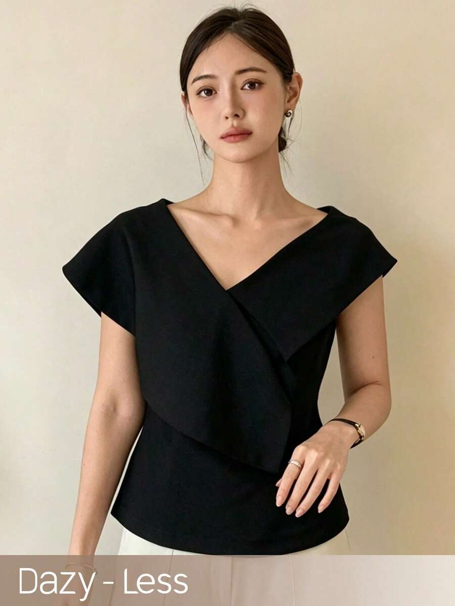Dazy-Less Damen elegantes einfarbiges Hemd mit asymmetrischem Kragen und geraffter Taille, leicht, für Büro und Alltag, Frühling/Sommer - Schwarz - Übersicht 1