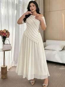 Feyla Plus Size Women's Elegant Vacation Style Solid Color Irregular Collar Textured Fabric Top And Skirt 2-Piece Set - Apricot - View 3