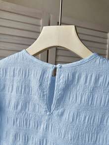 Kids Teen Girls Blue Summer Elegant Party Blouse,Textured Woven Round Neck Ruched Ruffle Trim Cap Sleeve Fitted Casual Blouses For Vacation Outing - Blue - View 4
