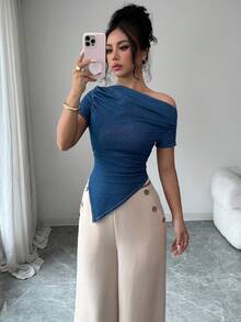 SHEIN Clasi 女款新款時尚不對稱肩短袖牛仔T恤 - 中等水洗藍 - 查看 1