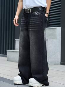 Manfinity EMRG Men's Street Style Casual Monkey Embroidery Black Jeans - Black - View 5