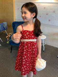 Dazy Kids Young Girl Summer Beach Vacation Style Ditsy Floral Contrast Lace Camisole Dress - Red - View 4