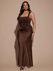 SHEIN BAE CURVE 大尺碼女款棕色優雅拼接布料長版背心洋裝 - 棕色 - 查看 5