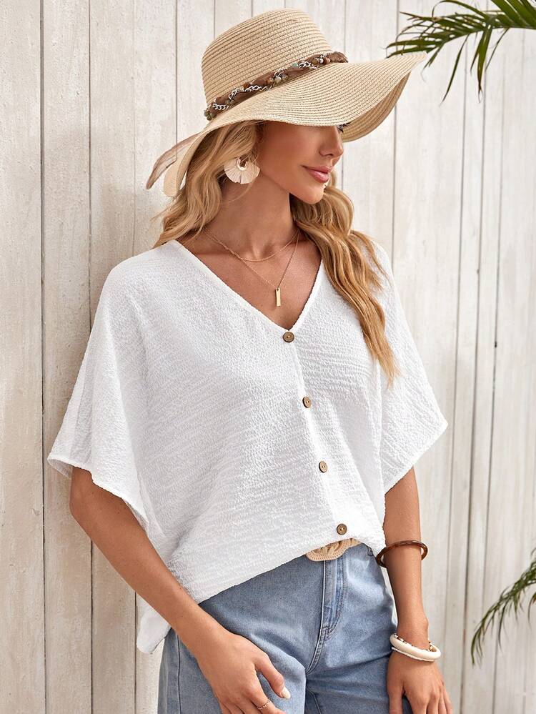 Women's Textured Vacation Button Batwing Sleeve V-Neck Blouse