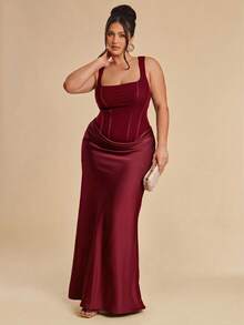 SHEIN BAE Elegant Mesh Ribbon Pleated Dress, Plus Size - Burgundy - View 3