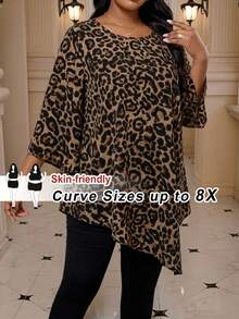 SHEIN CURVE+ 大尺碼女款春夏秋休閒度假風豹紋喇叭袖寬鬆襯衫 - 彩色 - 查看 1