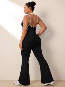SHEIN Rhythm Era جمبسوت رياضية يومية مقاسات كبيرة للنساء - الأسود - مشاهدة 2