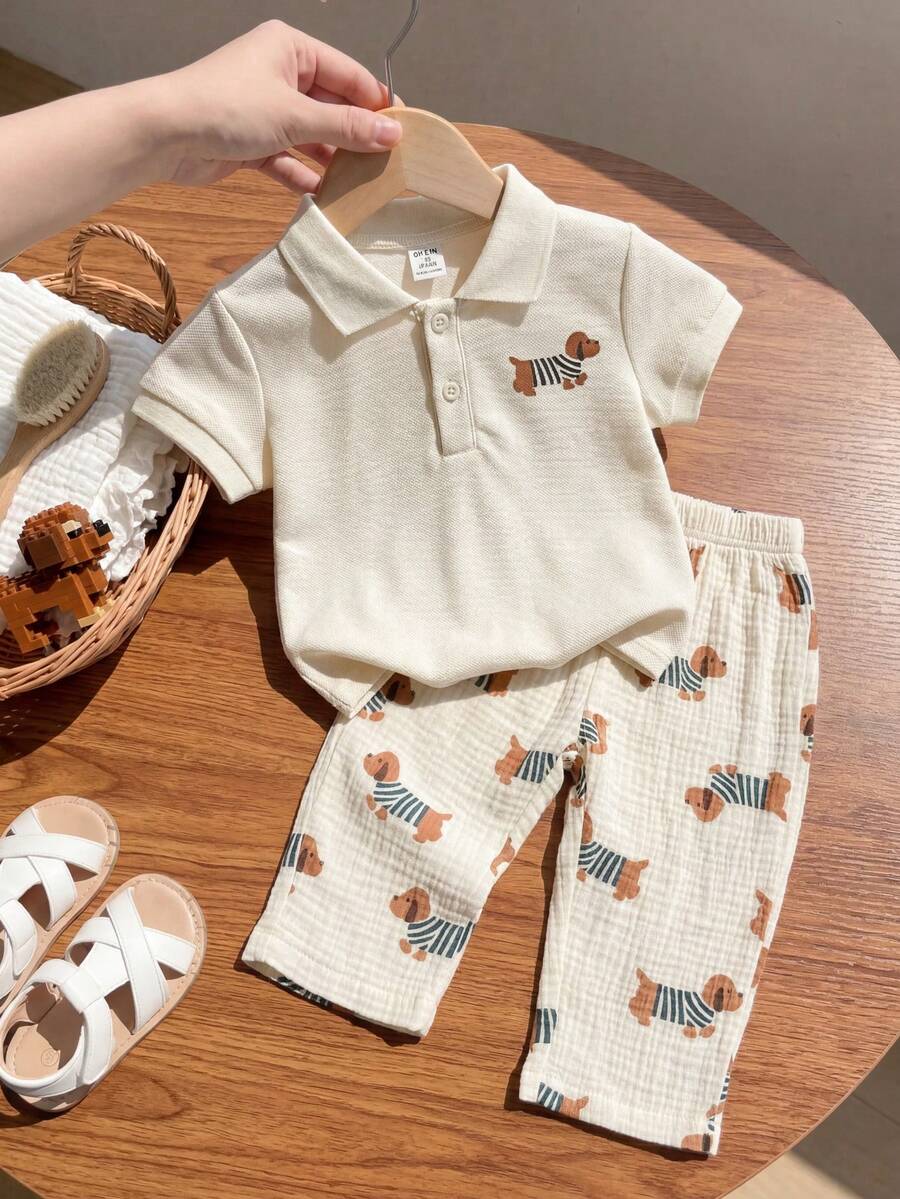 SHEIN Vintaside Kids 男嬰夏季領口短袖簡約時尚休閒上衣搭配可愛印花百搭休閒長褲套裝，適合戶外、公園散步、日常休閒、旅行等場合